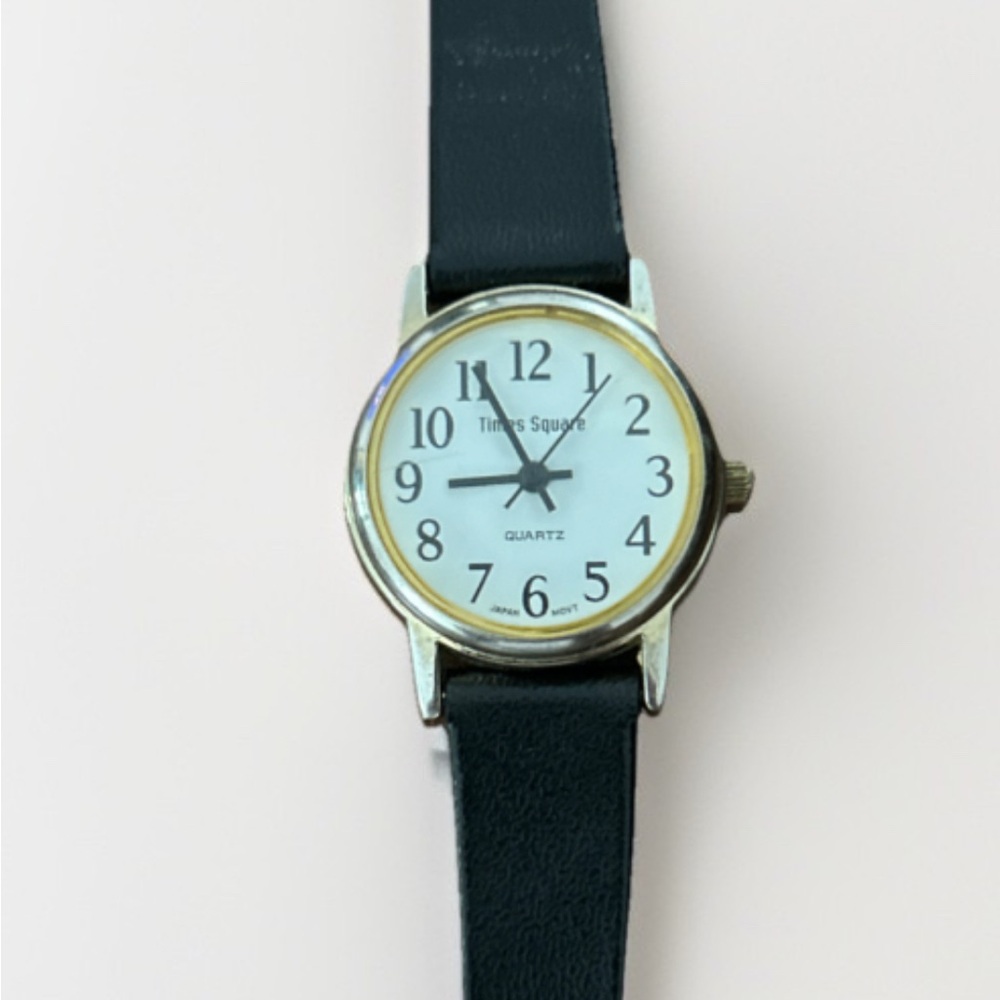 Vintage Times Square Black Leather Watch with Gold Accents
